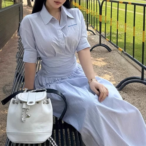 2025年大码夏季新款微胖条纹套装女设计感衬衫半身裙通勤两件套