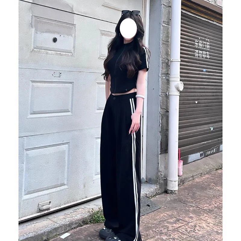夏天运动服短袖阔腿裤时尚跑步两件套黑色显瘦休闲运动套装女宽松