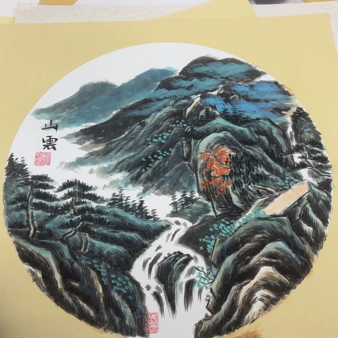 国画斗方山水手绘