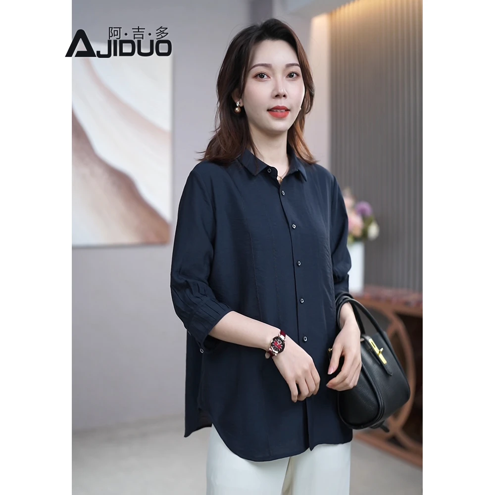 女士百搭压褶七分袖衬衫女夏季2025年新款妈妈装宽松衬衣显瘦上衣
