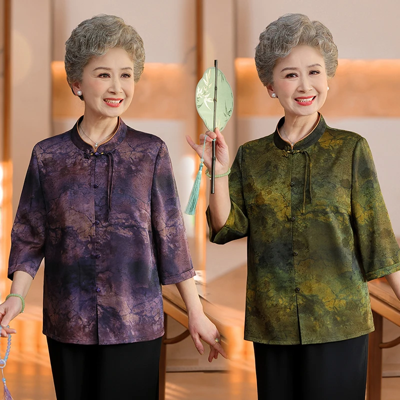 2025高端奶奶装洋气上衣中老年女装时尚新中式春装衬衫气质上衣女