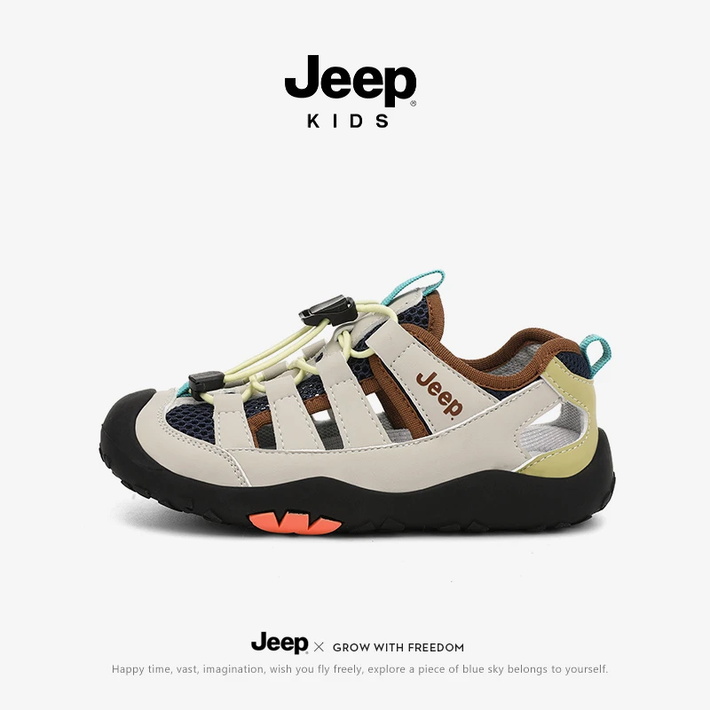 jeep儿童凉鞋夏季男女童镂空透气魔术贴凉鞋软底单网防滑运动凉鞋