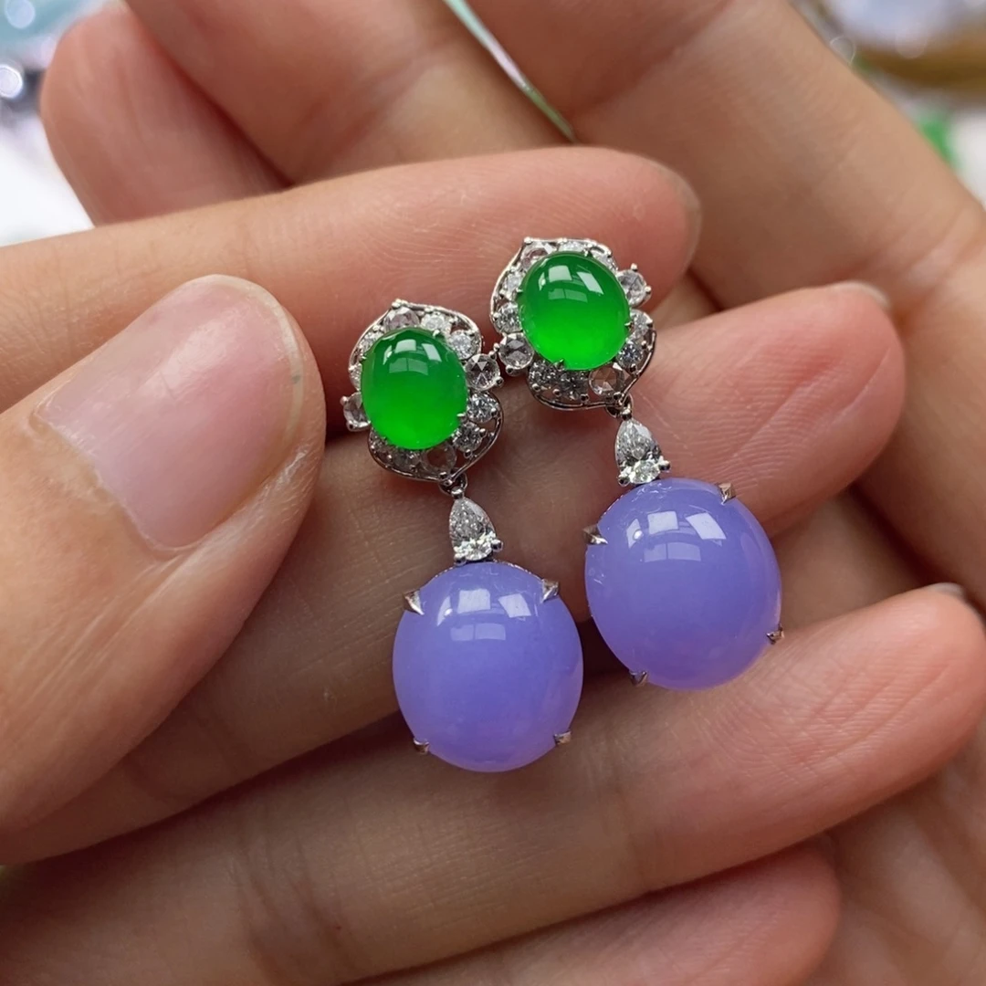 翡翠18K金镶嵌耳饰缅甸