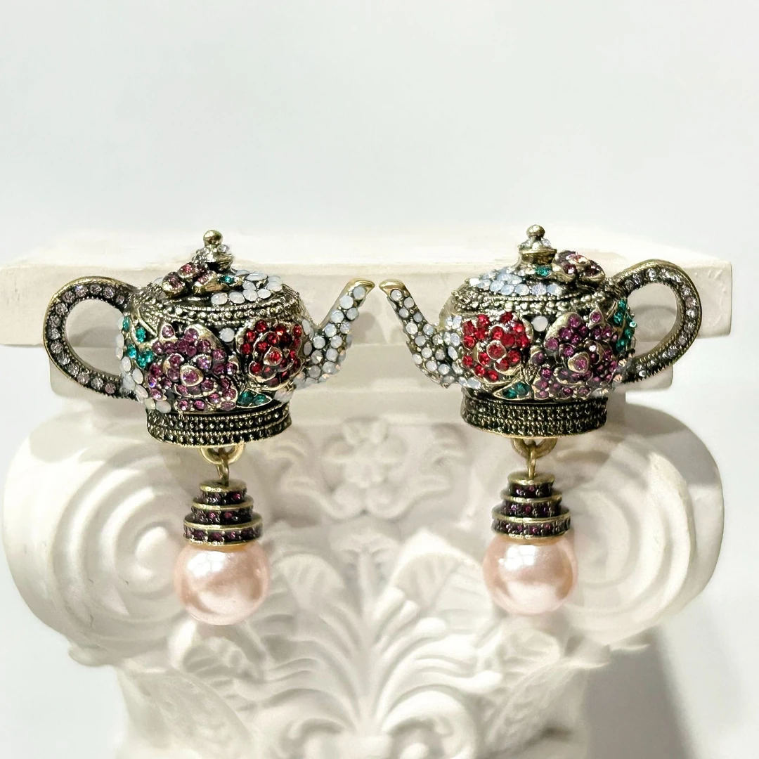 铜合金仿珍珠耳饰  4364西洋中古风 vintage复古粉色珠珠茶壶耳环