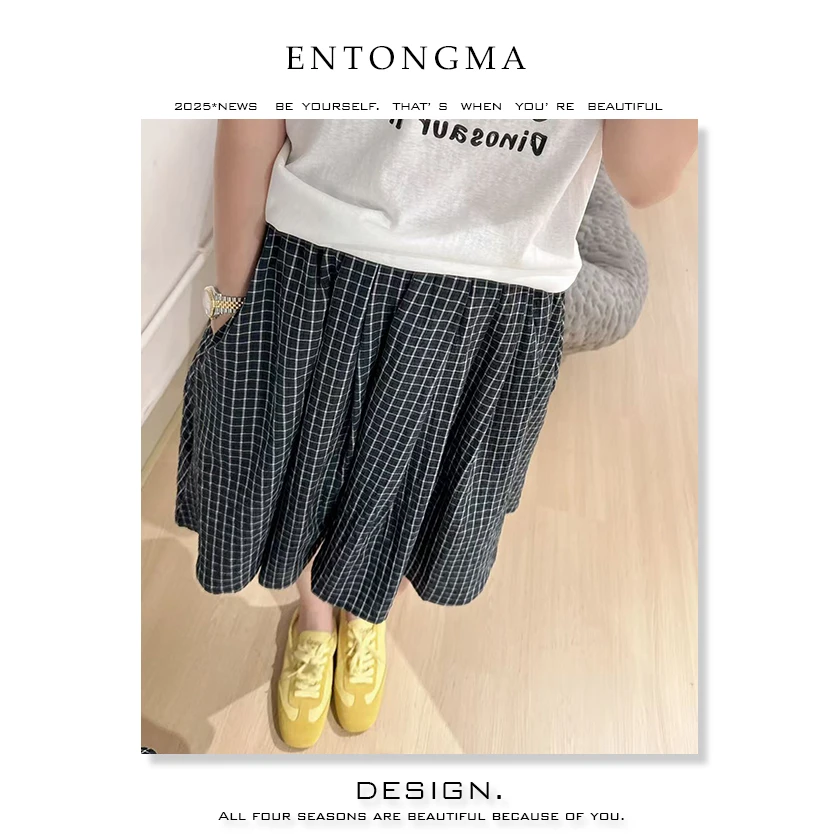 ENMA时尚韩版中裙半身裙夏款薄款高腰格子