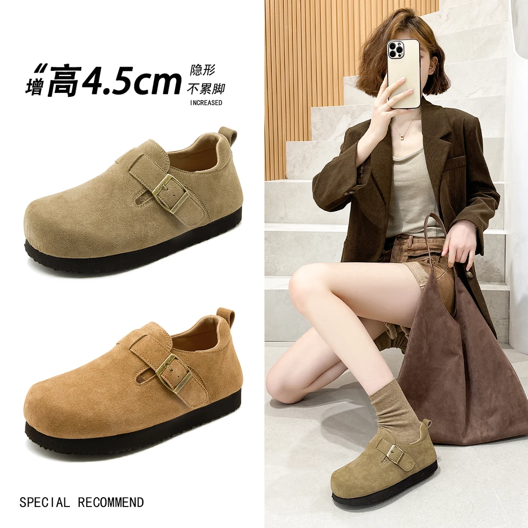 厚底勃肯鞋女2025秋季新款真皮复古全包单鞋外穿软底豆豆鞋