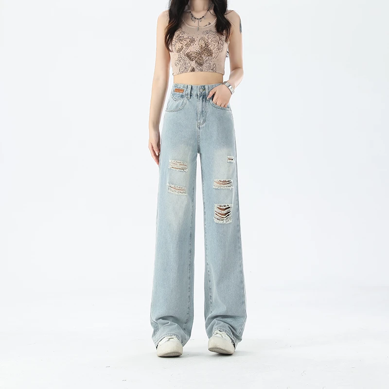 春夏季新款窄版破洞牛仔裤女2025年爆款百搭显瘦薄款直筒拖地裤