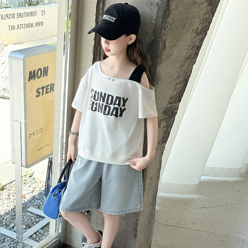女童夏装套装2025新款中大童洋气韩版休闲短袖t恤牛仔中裤两件套
