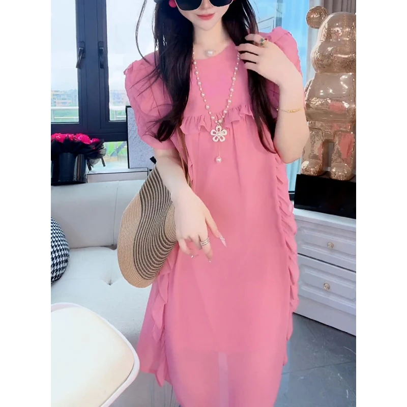 法式木耳边短袖连衣裙女2025夏季新款设计感系带镂空显瘦中长裙子