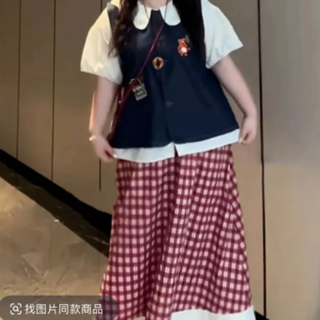 大码可爱风套装衬衫马甲格纹半裙三件套女春季新款胖mm搭配一整套