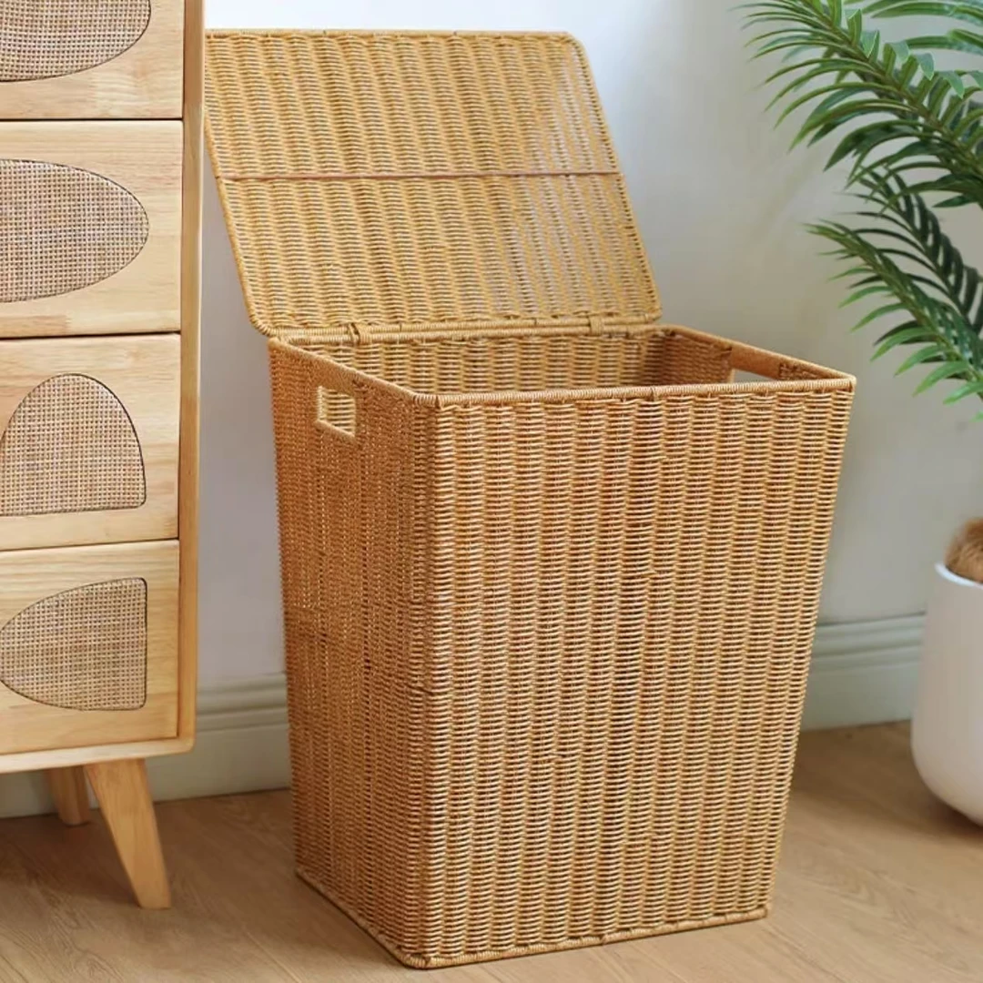 ZC30棕色双把手带盖收纳筐手工编织