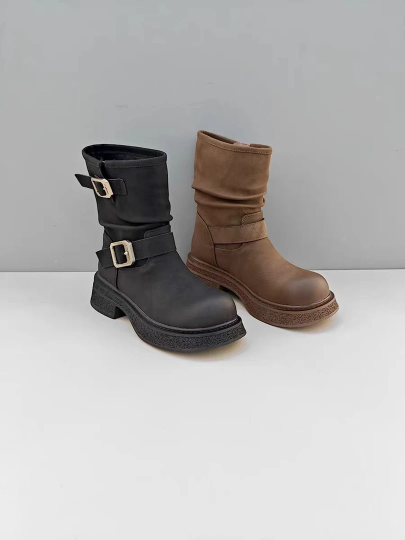 7572厚底皮带扣套筒马丁靴复古粗跟机车短靴舒适厚底英伦风
