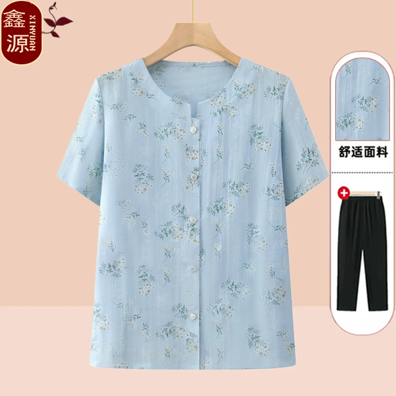 老年人夏装女衬衫大码短袖奶奶夏天套装妈妈印花t恤老人夏季女装