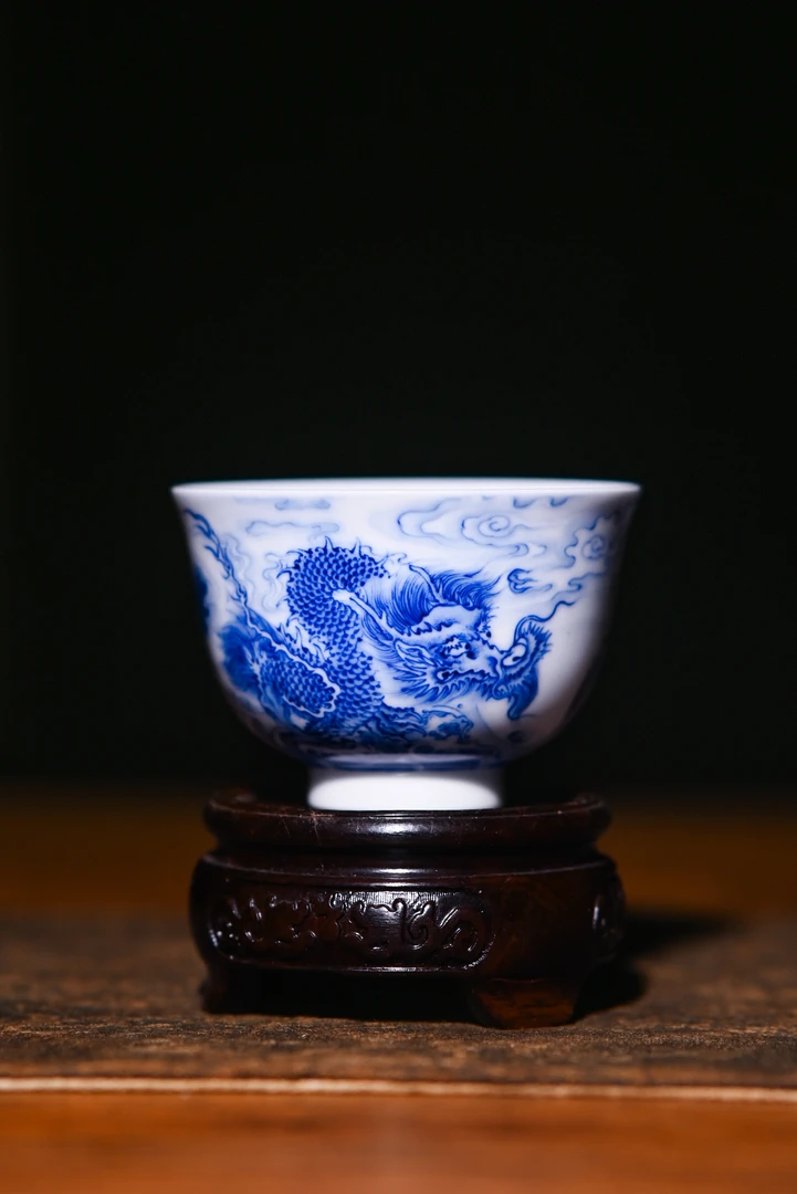 景德镇九段烧九段妙手青花双龙品茗杯A2茶杯白瓷茶具陶瓷