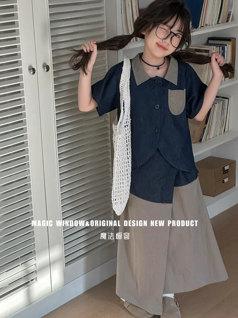 62227休闲套装女童童装韩版拼接夏季牛仔儿童洋气