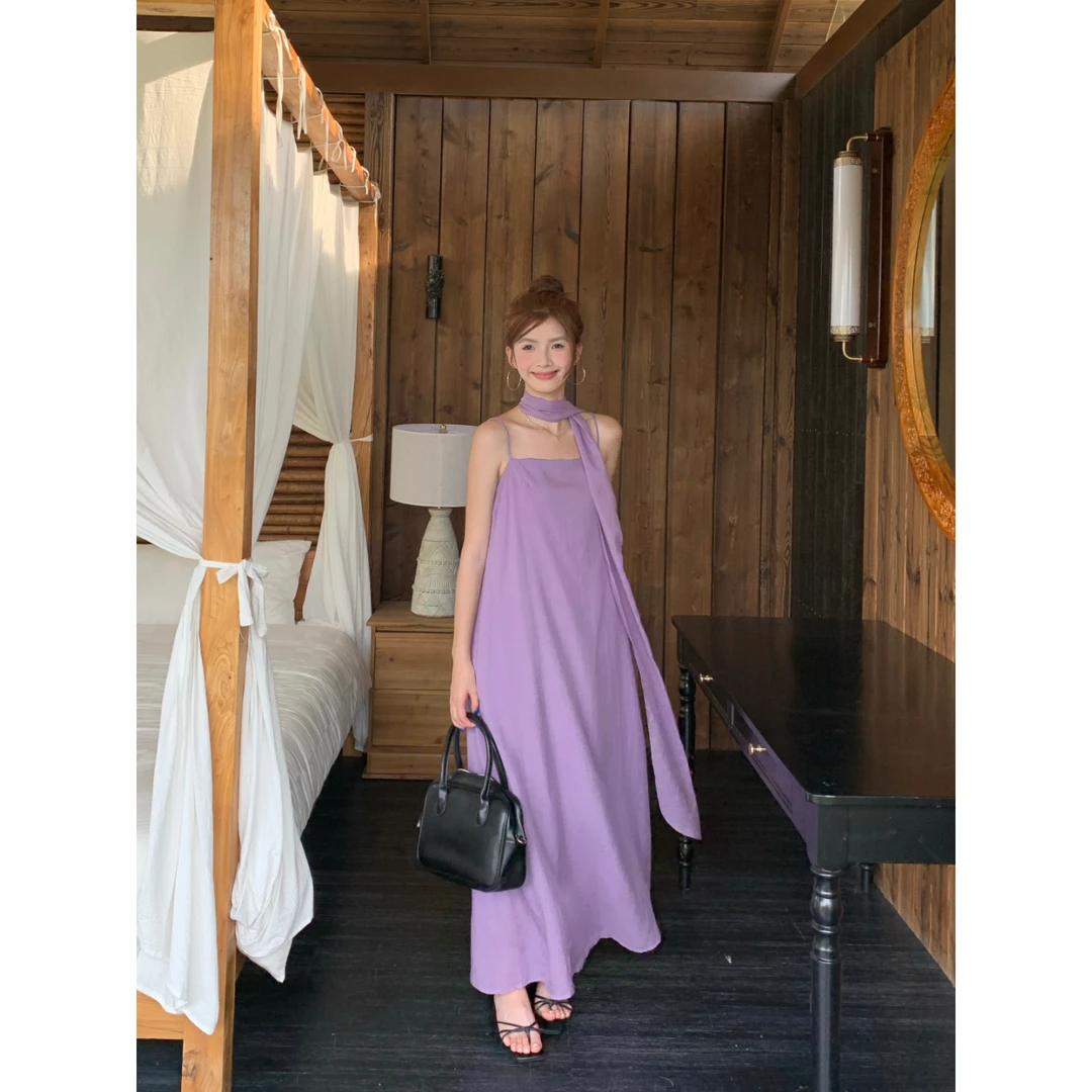 实拍实价～清冷典雅紫色仙气a字显瘦吊带连衣裙配飘带 复古法式设