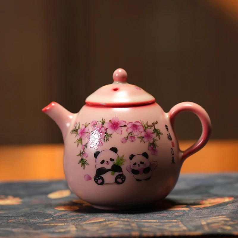 李辉熠 哥窑开片粉色猪油冻熊猫龙旦壶球孔过滤精美茶壶  c0312