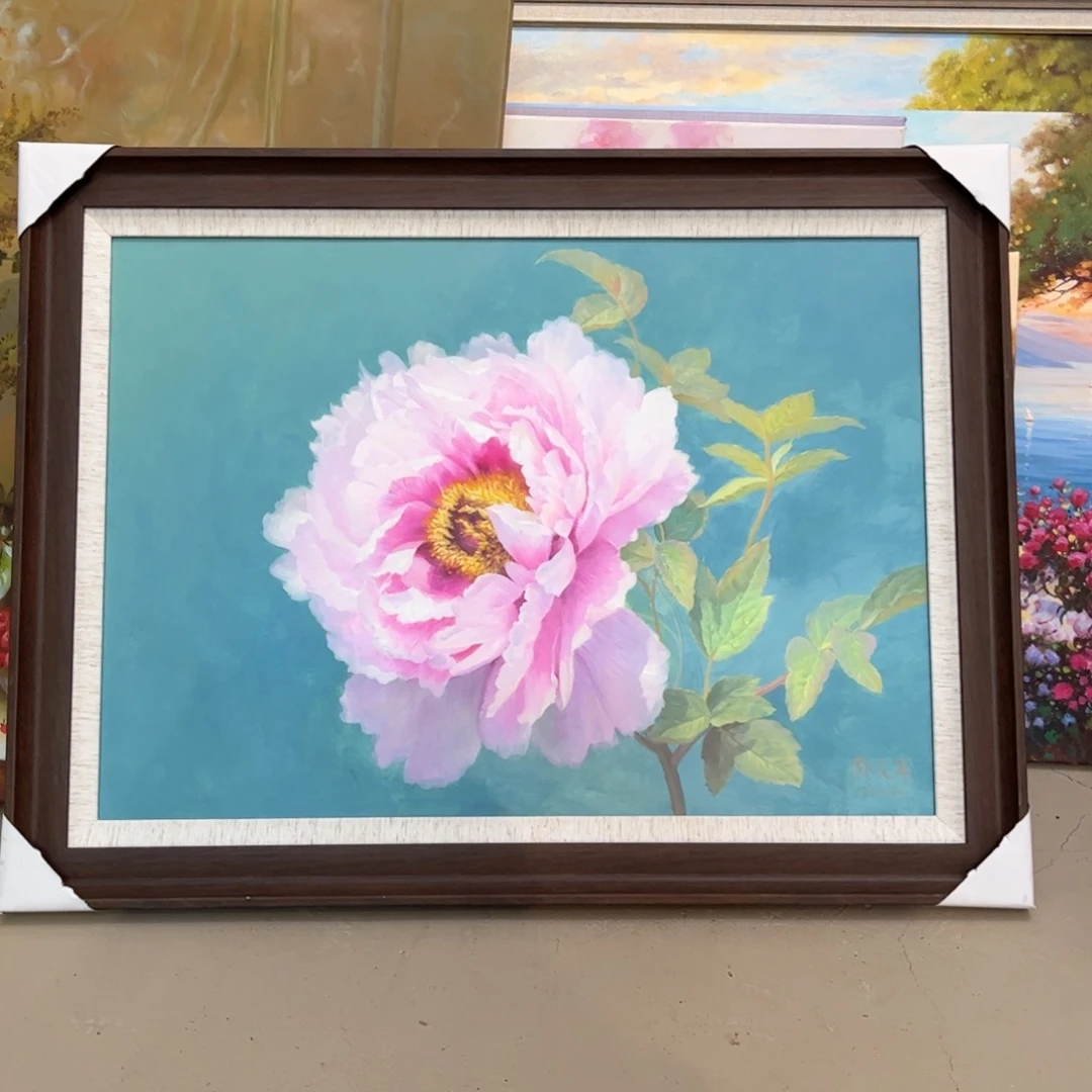 油画厚**发牡丹手绘油画带框