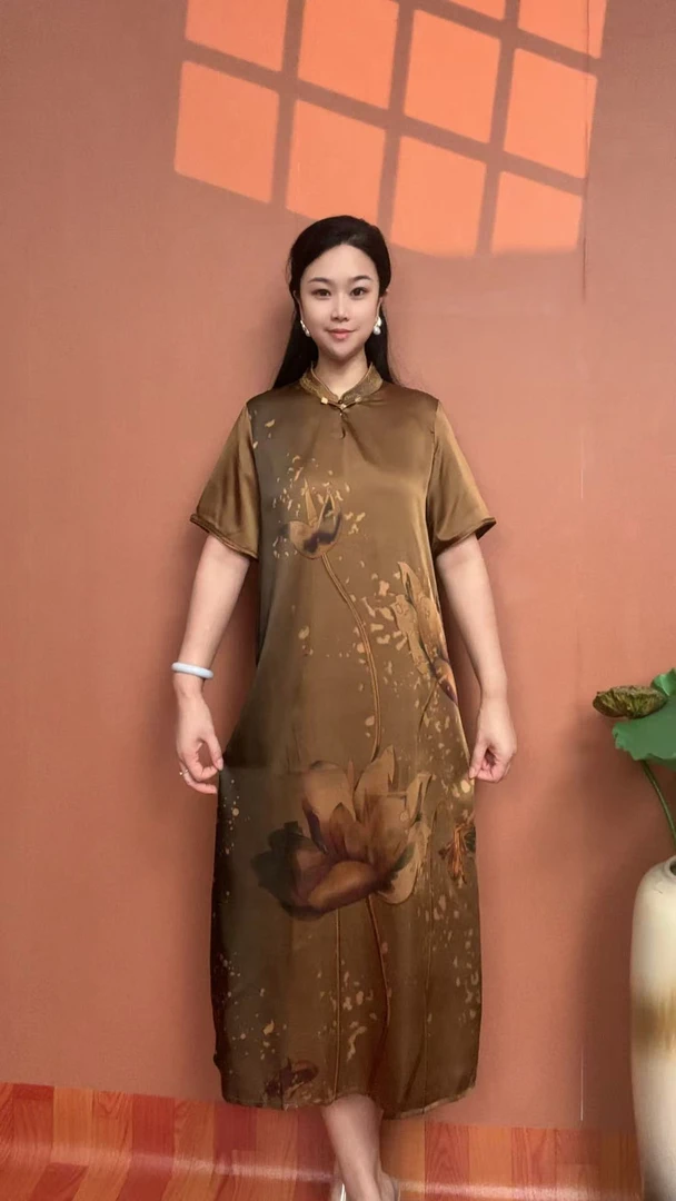 （咖色荷花）新款夏季中式时尚气质时尚连衣裙宽松中长款