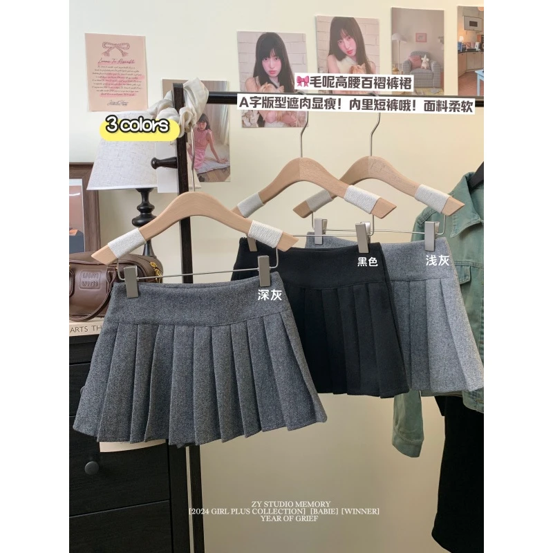 纯欲甜美辣妹百褶半身裙百搭小个子高腰呢子灰色短裙短裤显瘦毛呢