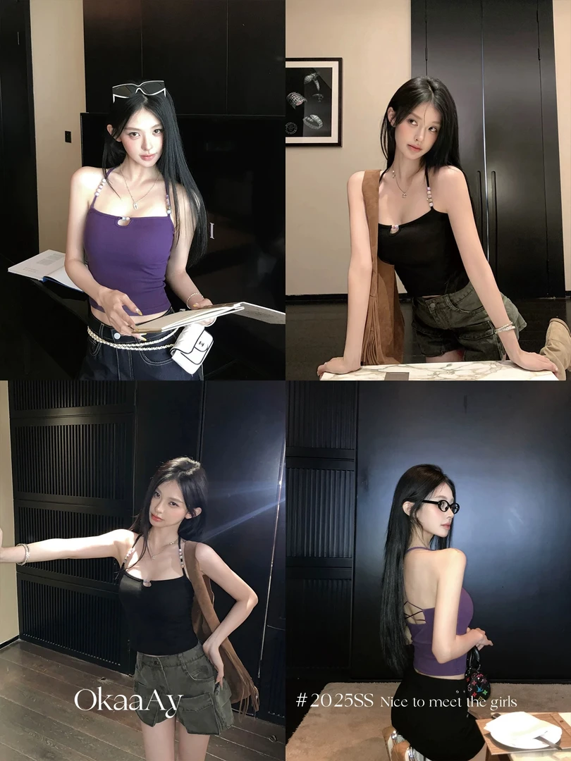 辣妹风串珠吊带背心女夏季薄修身显瘦露背绑带设计感上衣