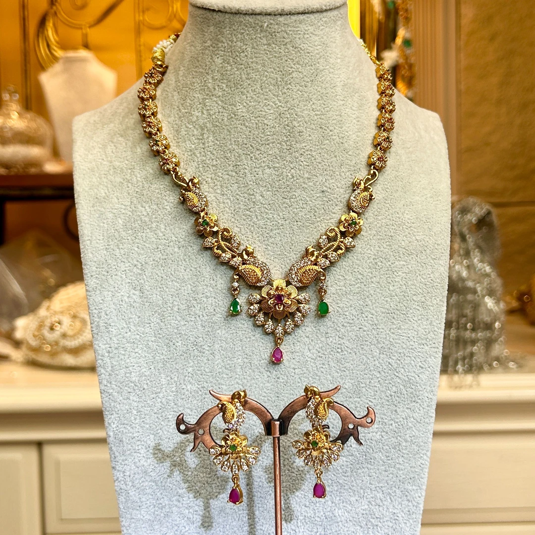 铜合金玻璃项链 印度印巴项链套装【04435】古法金色元素宫廷风金色