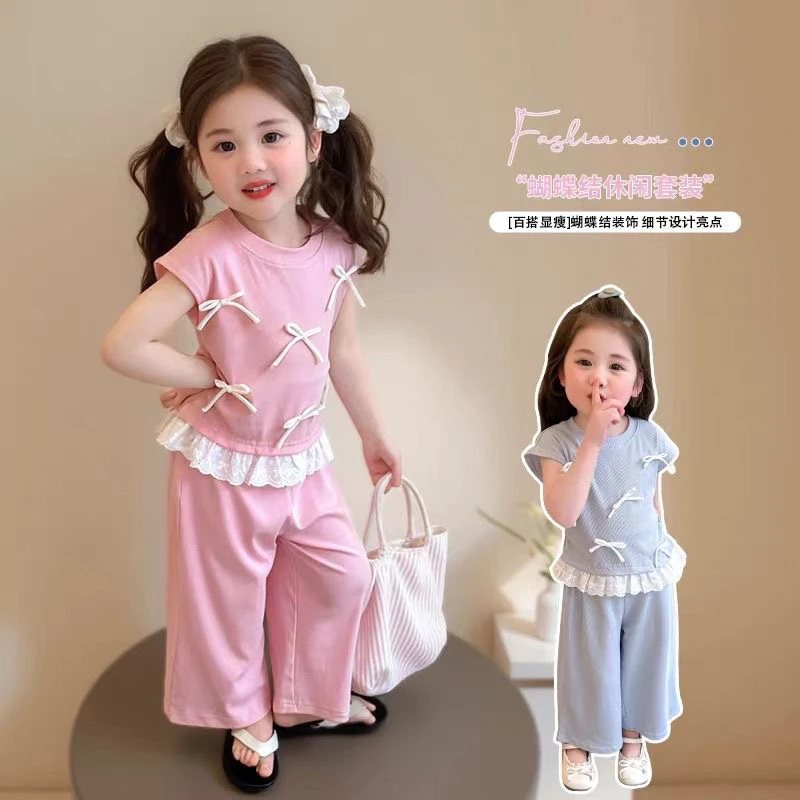 女童夏季蝴蝶结套装新款儿童洋气时髦女宝宝阔腿裤两件套夏装