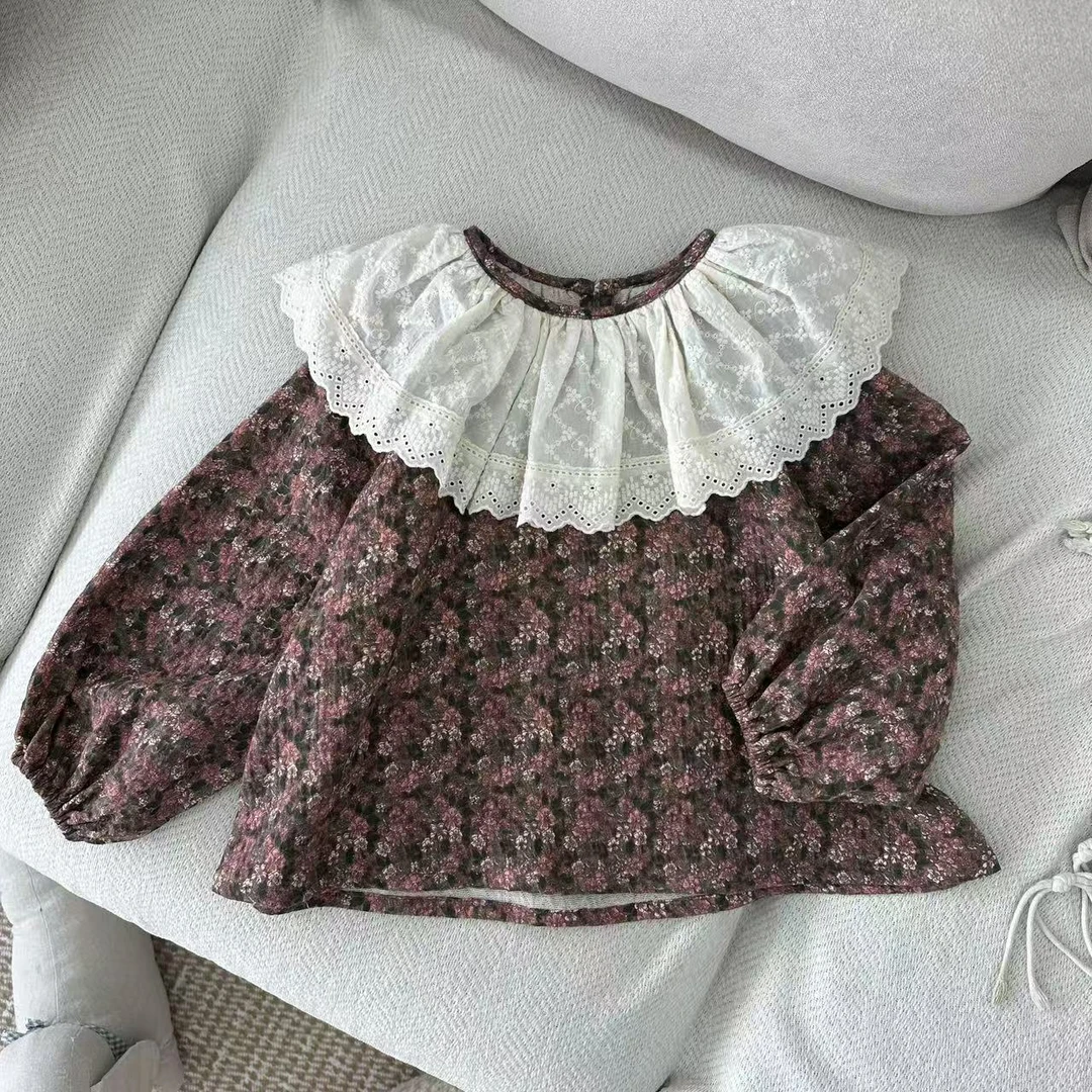 〖姐姐家〗2025春款儿童萌娃穿搭大翻领蕾丝粉碎花娃娃衫衬衫 bt069