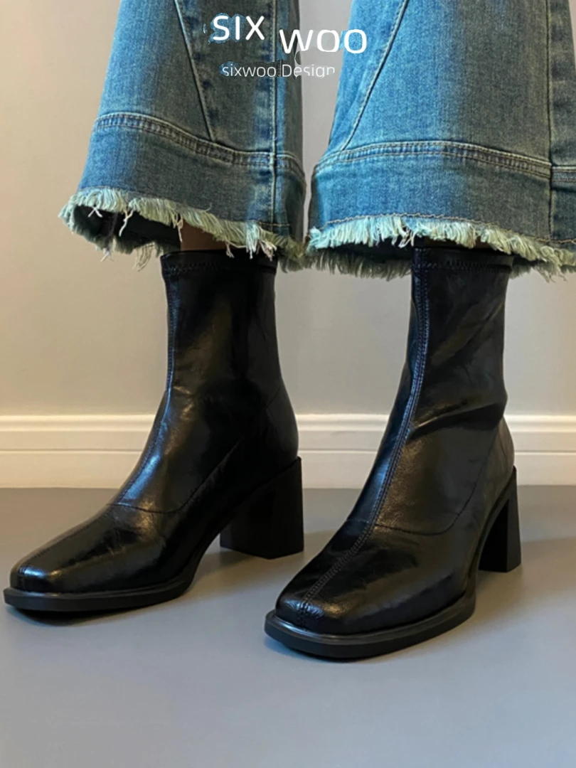 2025新款静音底短靴通勤高跟弹力瘦瘦靴秋冬软底体制内复古粗跟靴