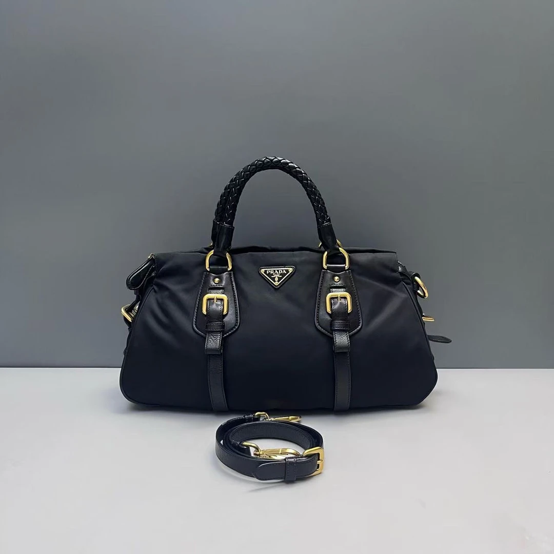 99新 Prada/普拉达 【诗诗】尼龙拼皮 手提斜挎包/BGD401400107/98