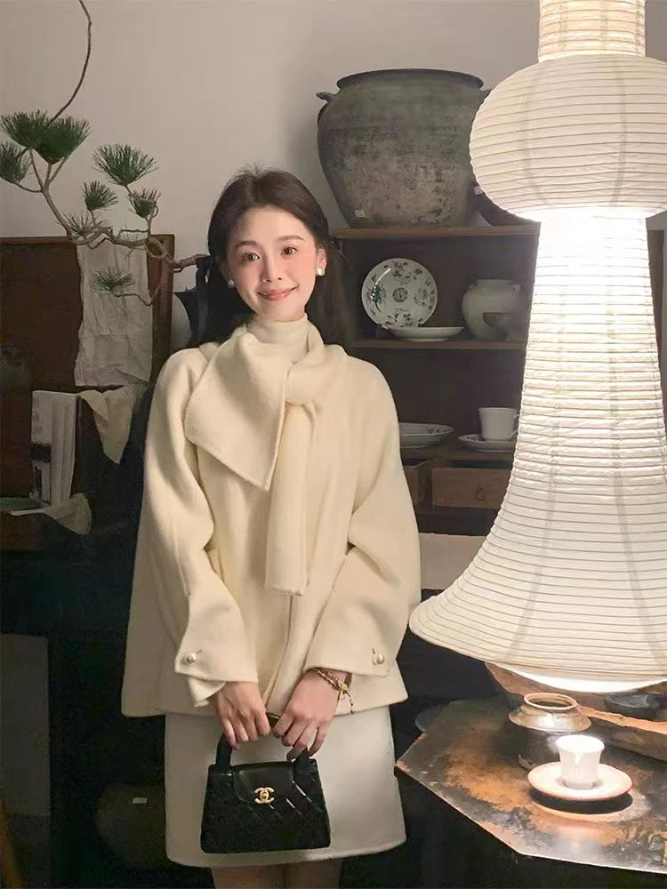 长袖纯色少女风通勤毛呢外套大衣上衣女装洋气双面休闲23803