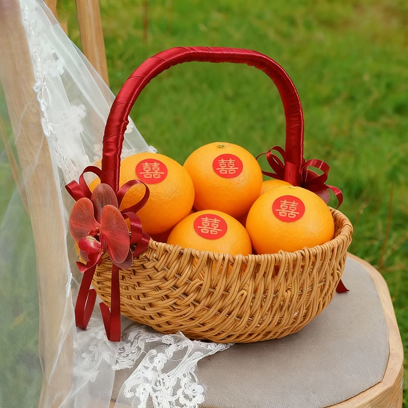 诚意十足迎亲装橙子手提仿藤草编花篮插花拍照月子礼装鸡蛋大篮子