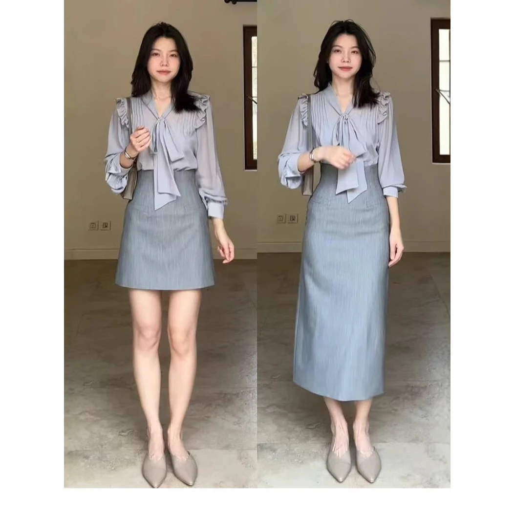 2025年新款气质荷叶边飘带衬衫设计感上衣+百搭收腰西装半身裙 时