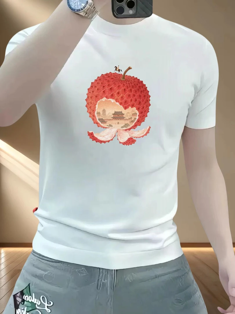 夏季新款修身弹性重磅T恤轻奢百搭男士圆领短袖透气大码印花上衣