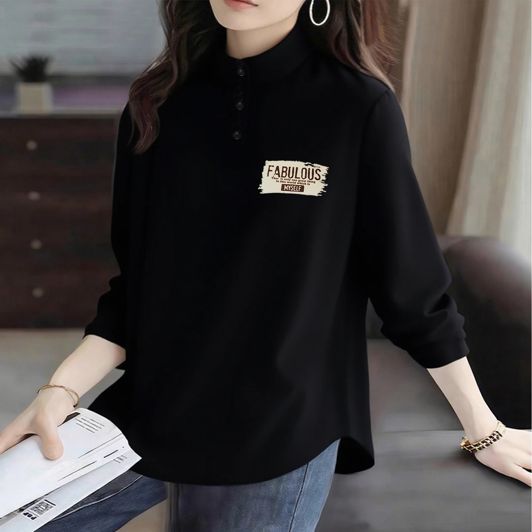 半高领德绒POLO衫女秋冬季大码宽松显瘦遮肚百搭保暖立领打底上衣