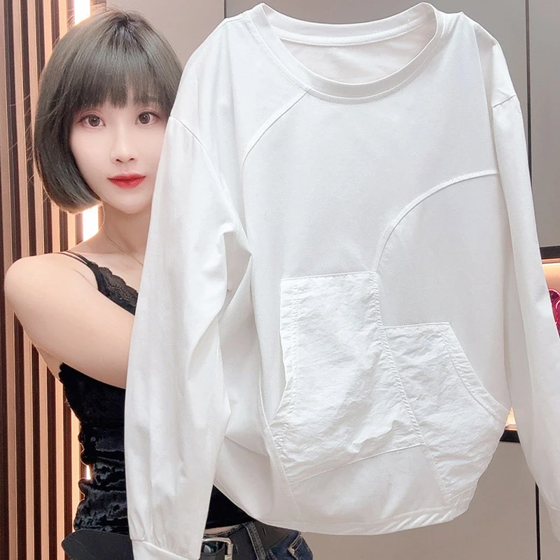 秋季拼接抽绳口袋简约纯色女装大码打底衫胖mm遮肚子温柔长袖上衣