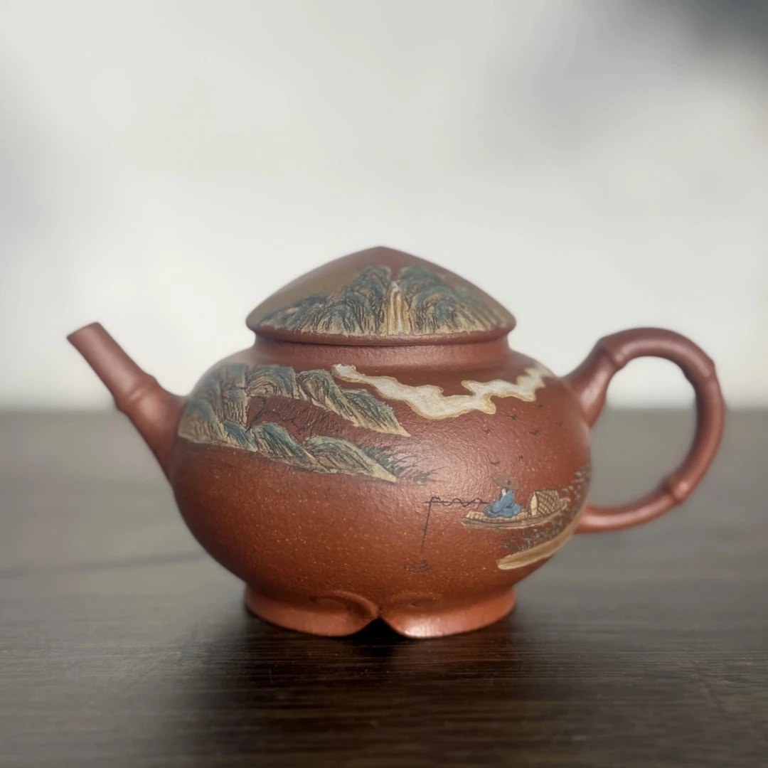 宜兴紫砂壶原矿老朱泥文人茶器小容量精品原创泥绘渔翁壶200CC