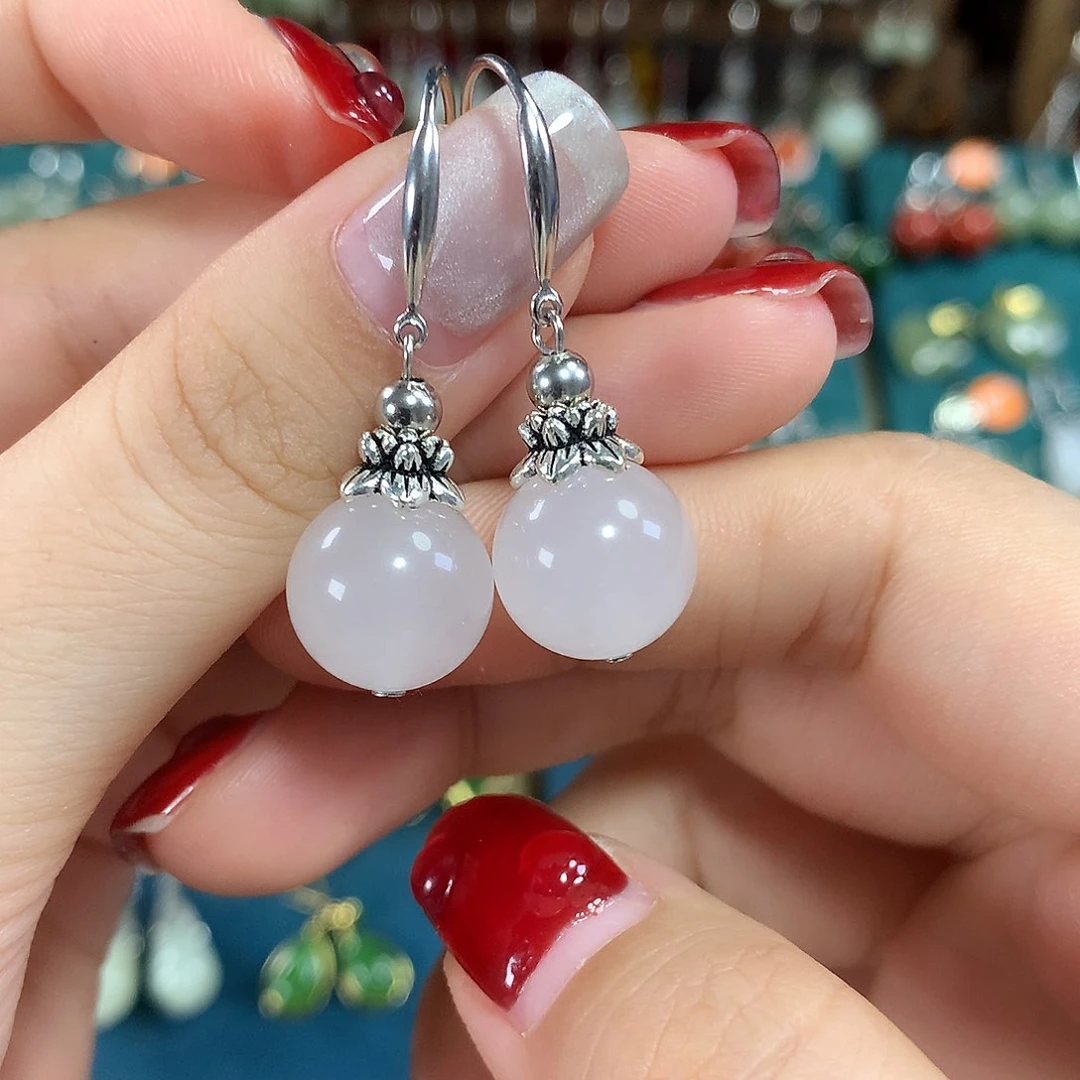 石英质玉（金丝玉）银S925镶嵌耳饰新疆卡12mm左右