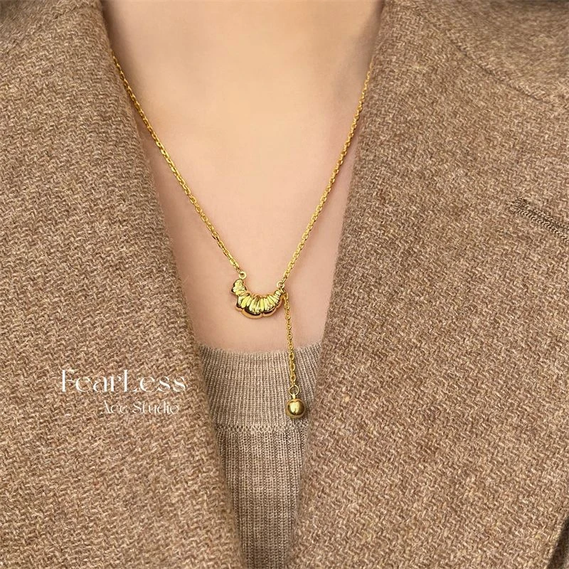 合金项链 牛角面包项链女复古小众简约气质圆珠吊坠锁骨链女颈链