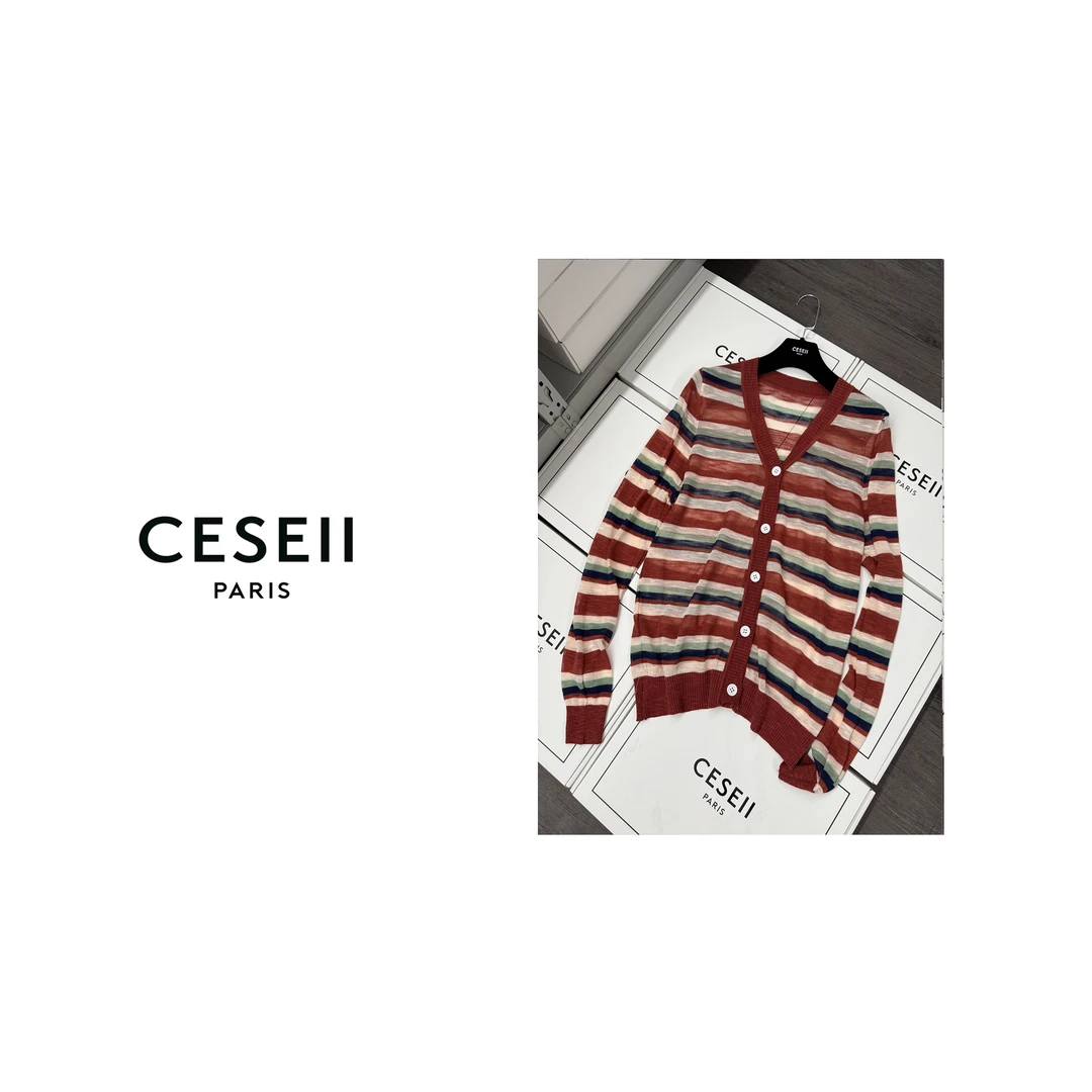 【25XJ544】CESEII高弹百搭时尚减龄针织条纹宽松版凉爽防晒开衫