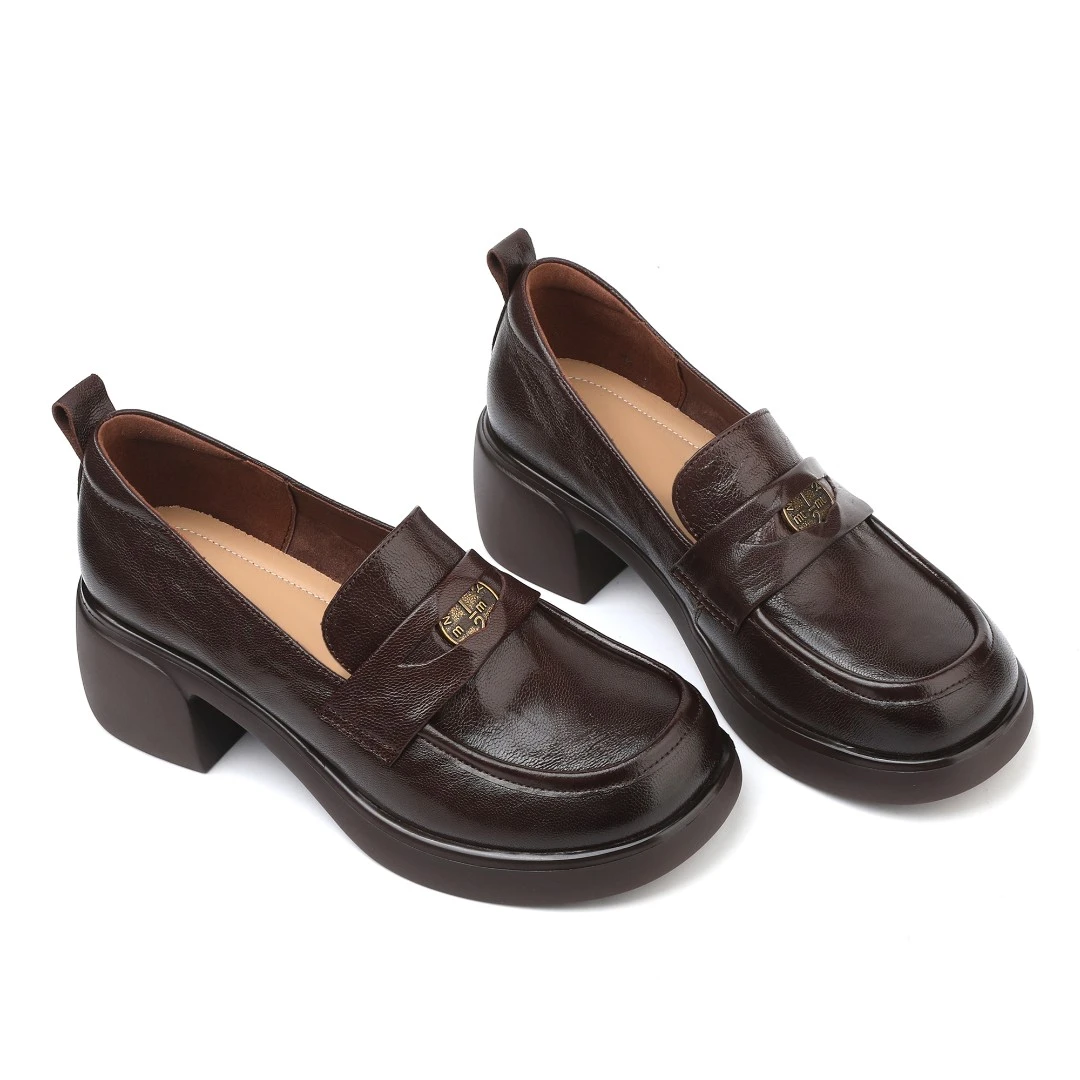 真皮厚底乐福鞋女单鞋粗跟中跟复古休闲软底小皮鞋牛皮英伦风5268