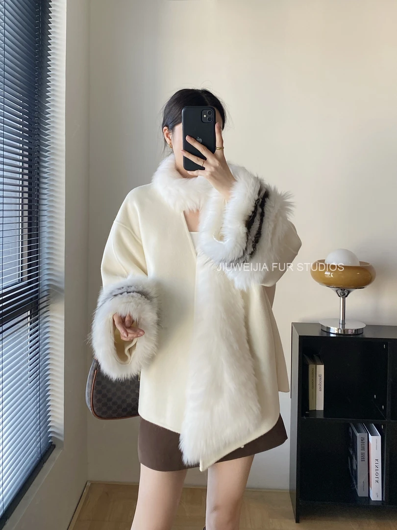 娇娇佳人2025秋冬高级感狐狸毛皮草中长款双面呢大衣毛呢外套女潮