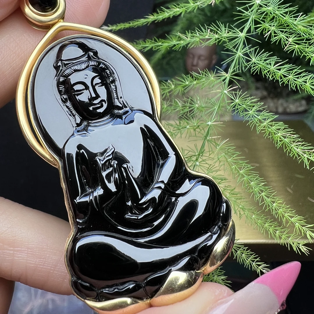天然缅甸翡翠A货墨翠观音