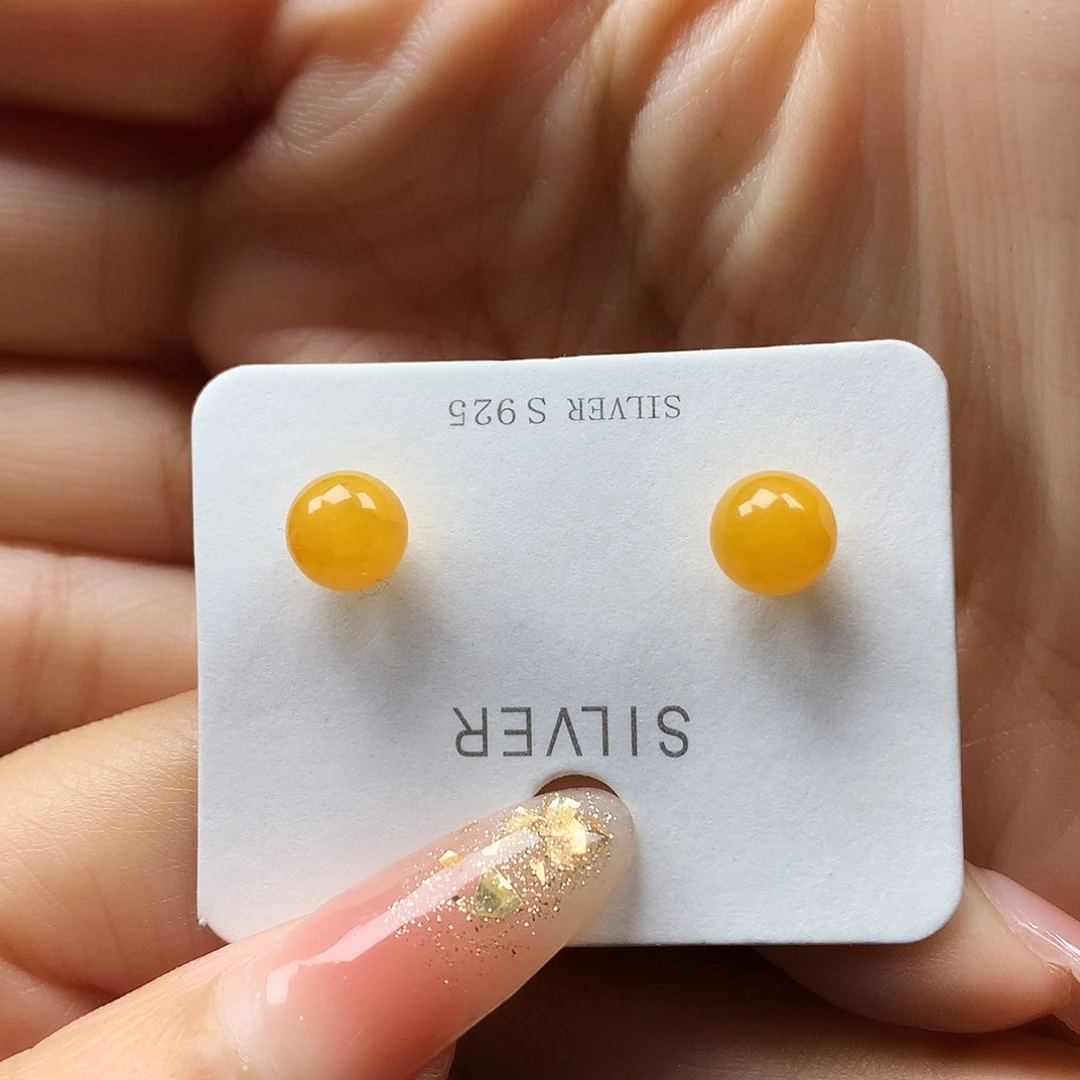 蜜蜡耳饰银S925镶嵌耳钉