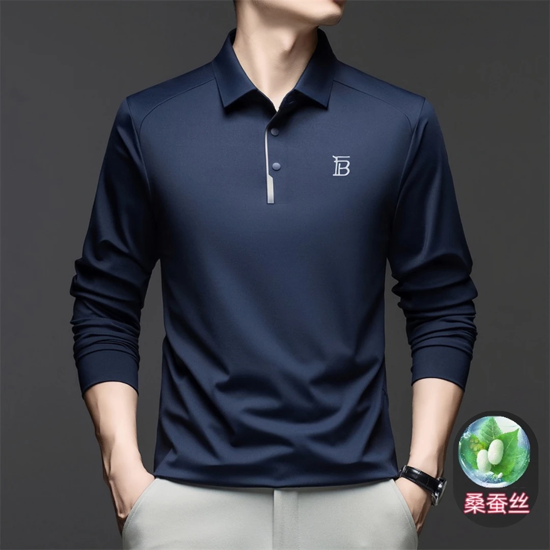 欧洲英伦潮流大牌男士纯色长袖桑蚕丝polo衫时尚打底痞帅欧美风