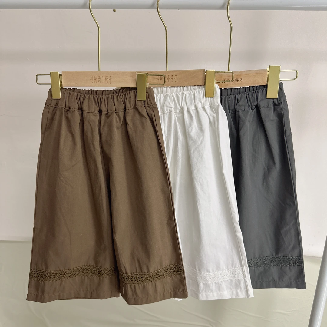 女童夏季新款韩版蕾丝花边纯色直筒阔腿九分休闲裤