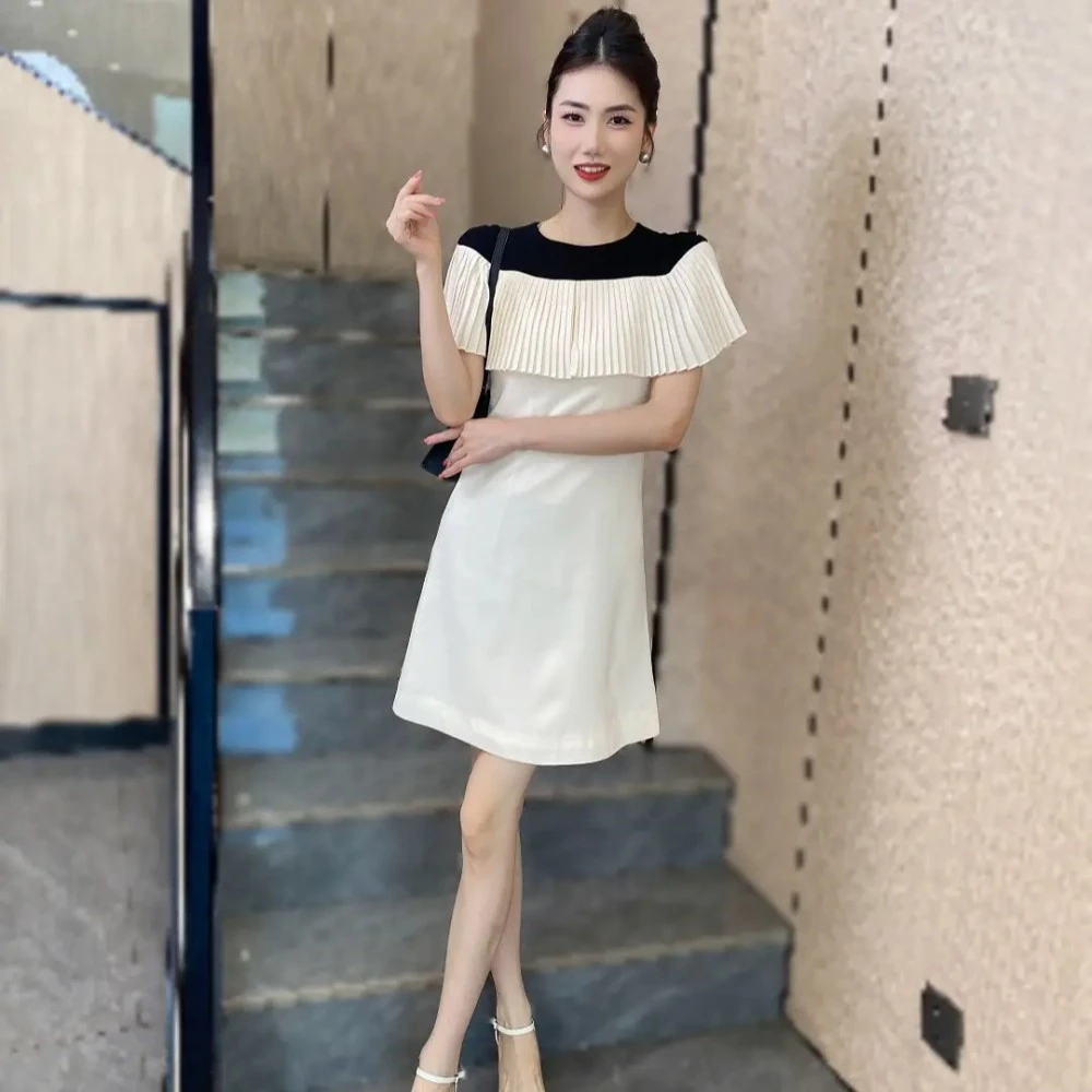 C226网红名媛漂亮裙子夏显瘦风琴褶皱披肩斗篷撞色短袖a字连衣裙