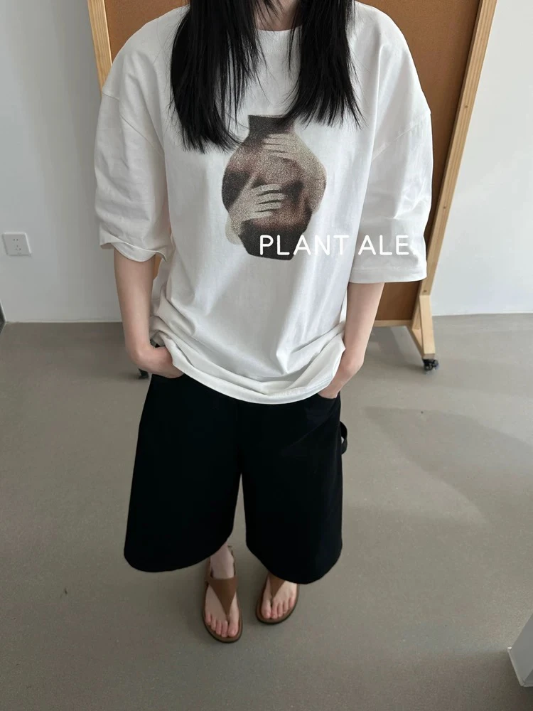 25新小众设计极简风印花短袖T恤女 休闲百搭松弛感宽松上衣