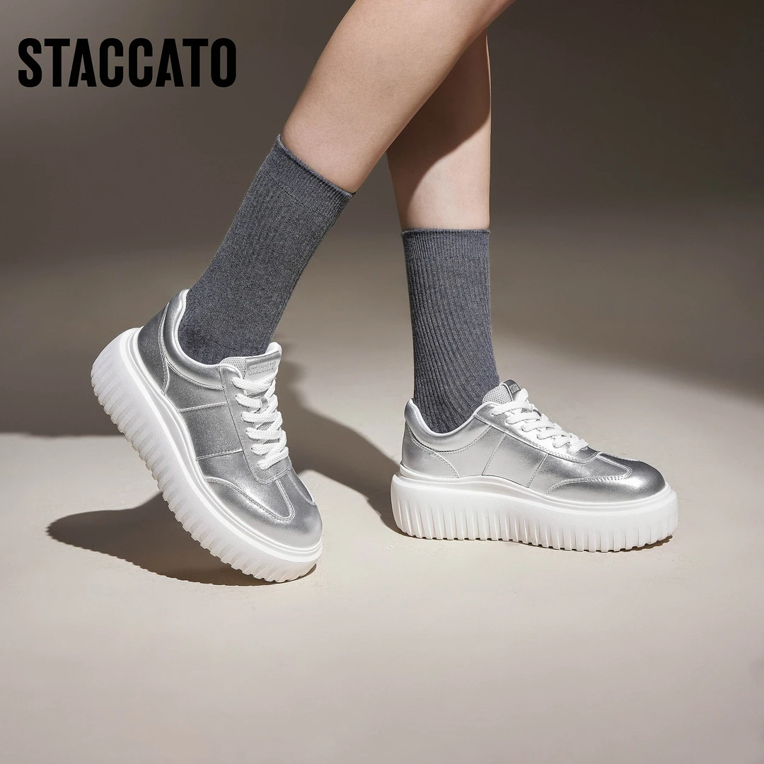 【柔和机能】思加图板鞋厚底增高运动休闲鞋银色百搭女鞋H0082CM4