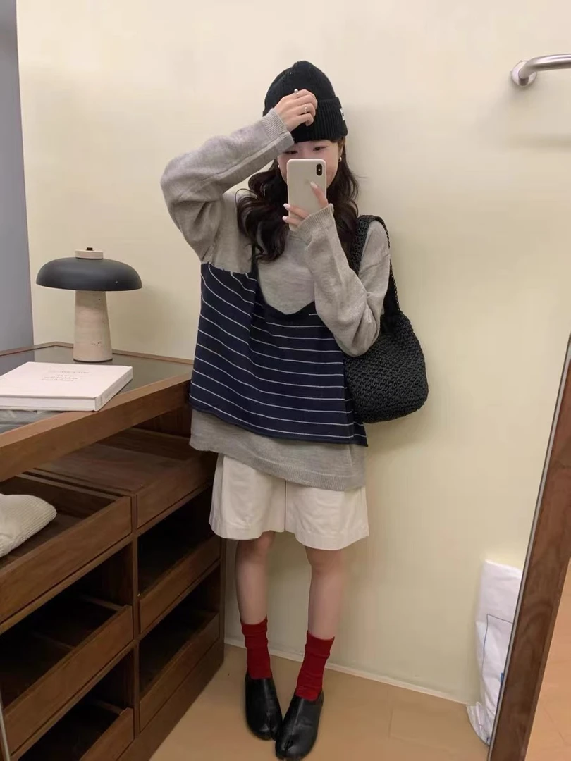 请叫我大韩 MY136假两件条纹打底衫